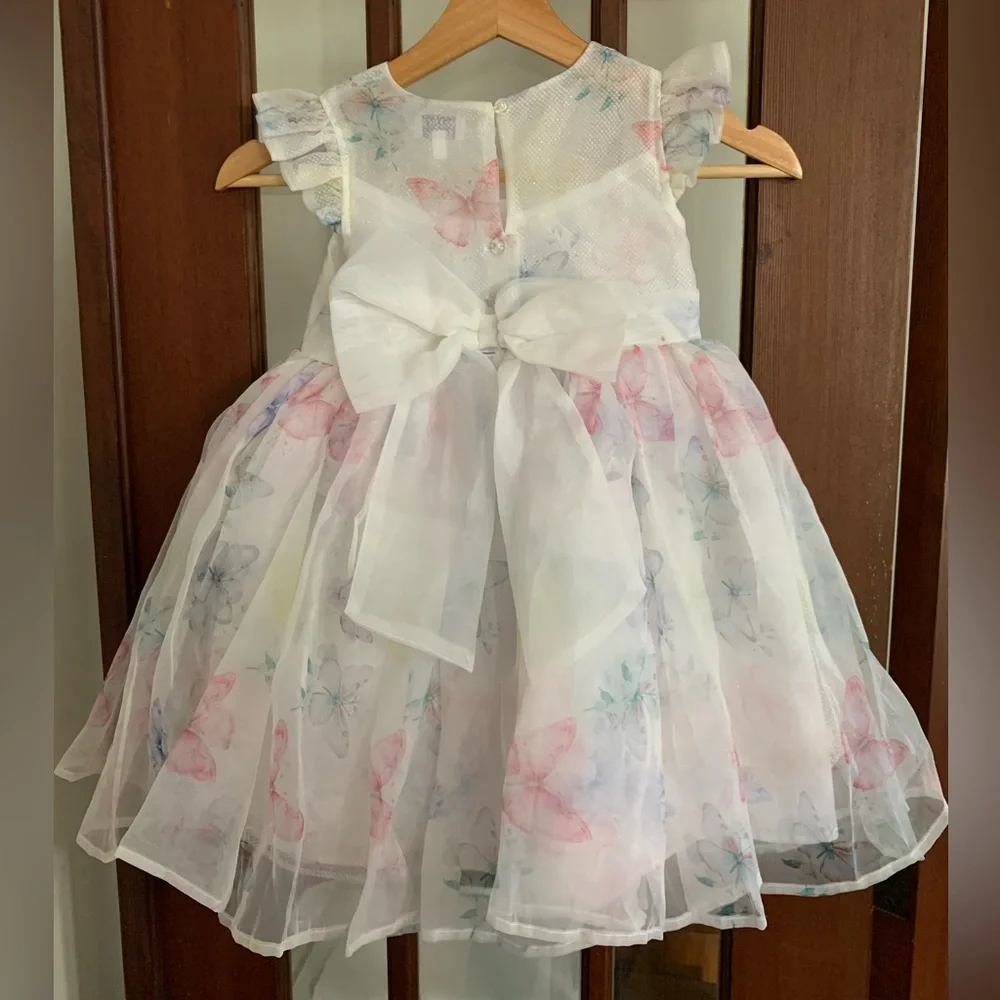 Blueberi Boulevard elegant white dress with soft pastel butterfly print size 5